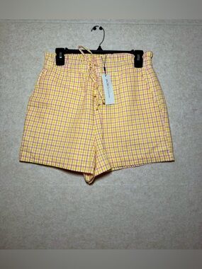 BCBGeneration Yellow Pink Gingham Checkered Paperbag Shorts Size S NWT